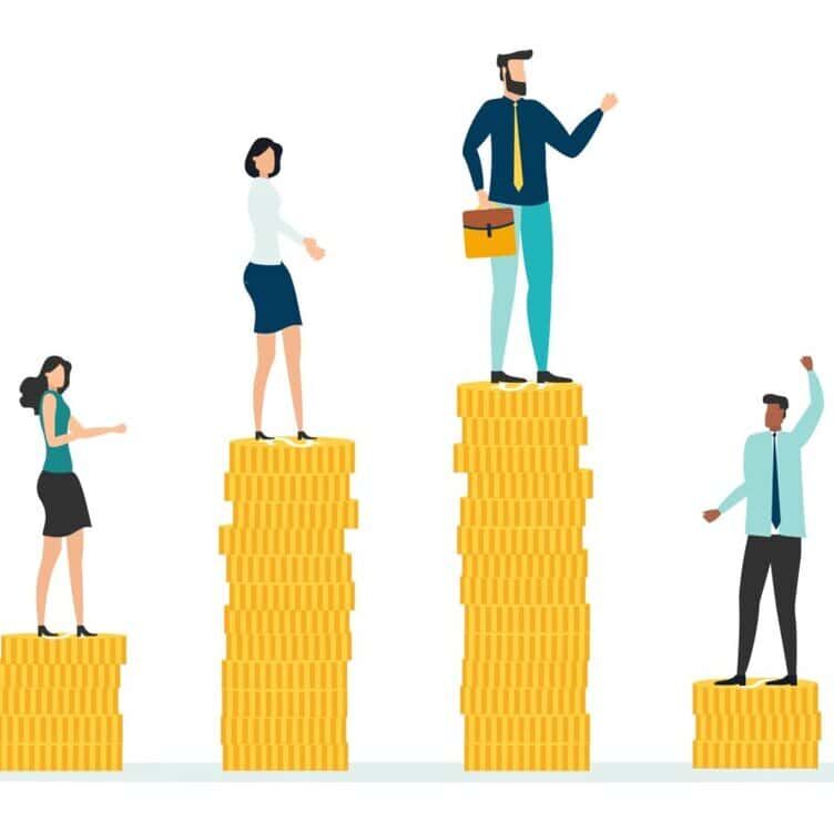 Economic inequalit. The gap between rich and poor.unfair income. people who are paid different money. White rich businessman standing on a tower of coins with a high salary with poor people black and white on low piles.Vector.